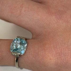 Solid 10K White Gold Natural Cushion Cut Blue Topaz Diamond Ring (not 14K )